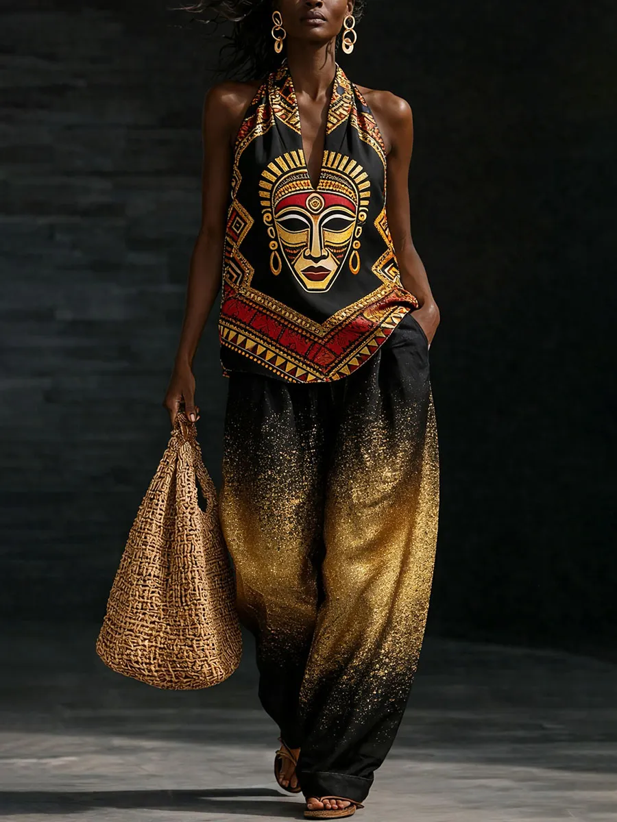 Women’s African Mask Pattern Creative Print Two-Piece Set