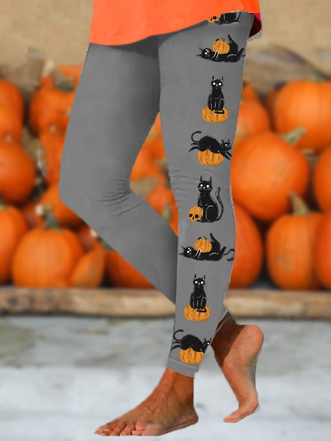Women's Cute Black Cat Pumpkin Print Yoga Leggings