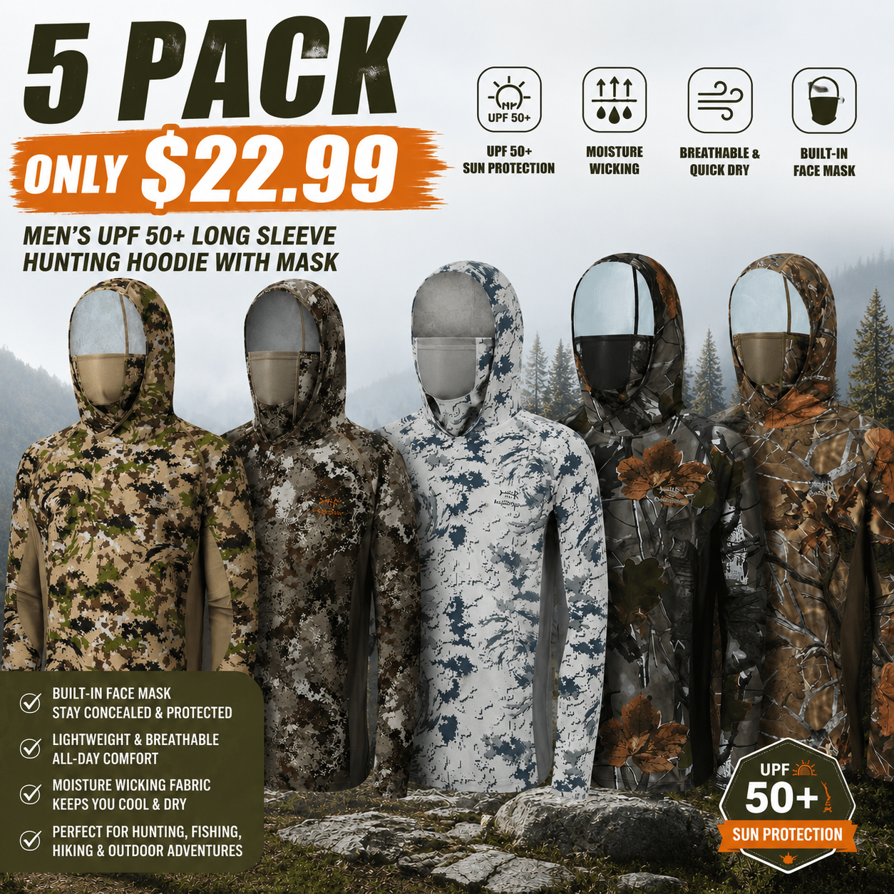 Men’s UPF 50+ Long Sleeve Fishing Hoodie with UV Neck Gaiter