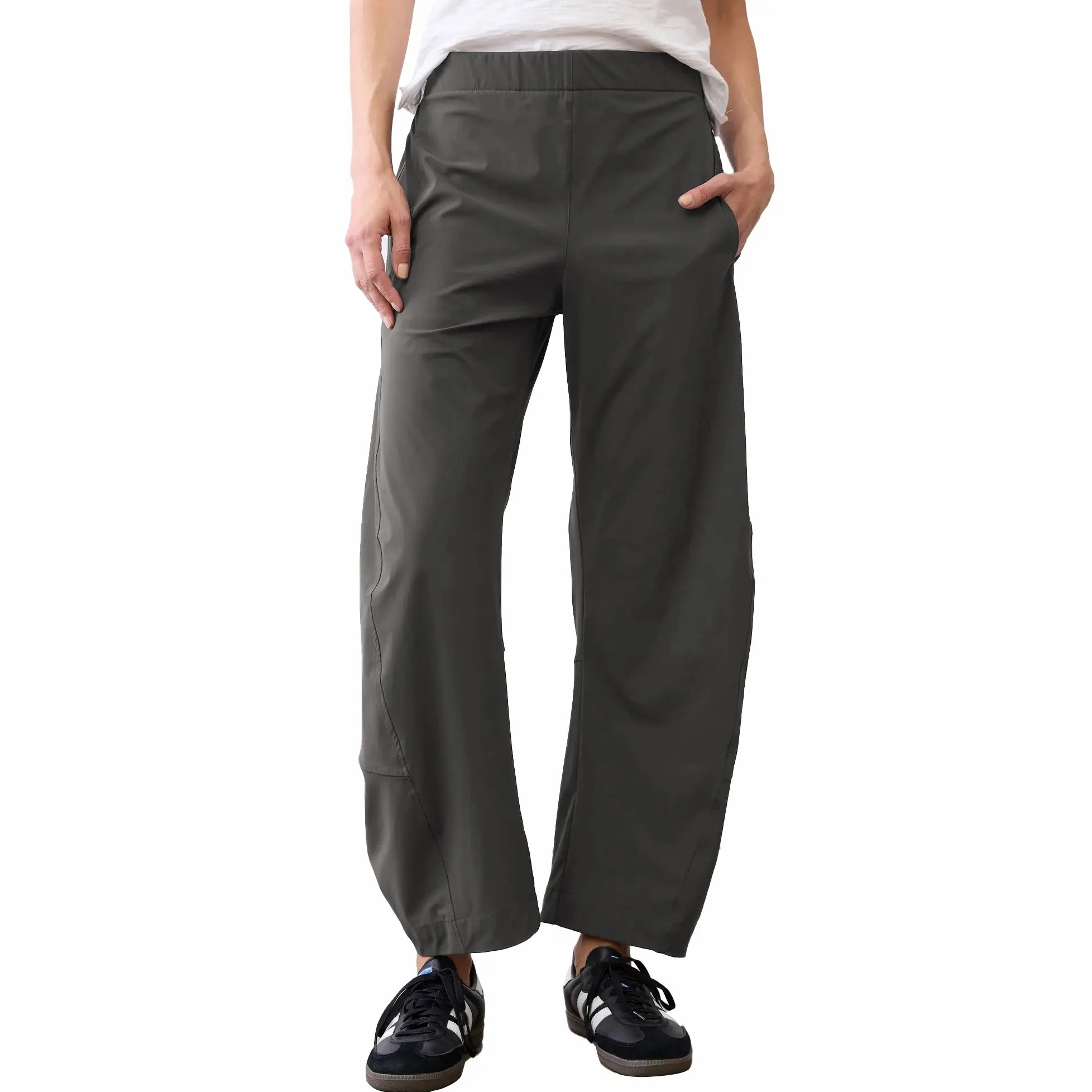 Women's Barrel Travel Pants – Elastic Waistband, Tapered Leg, Baggy Mid Rise Trousers with Pockets
