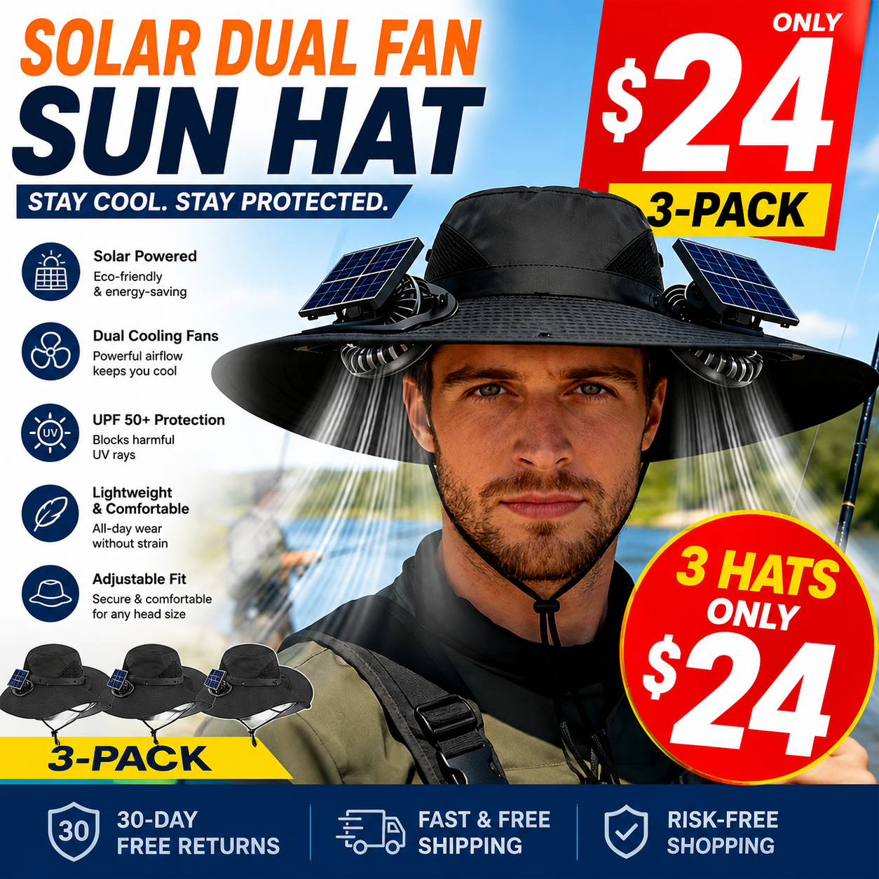 Solar Dual Fan Sun Hat, Adjustable Strap, Cool And Breathable, Efficient Battery Life, High Air Volume, Long Battery Life Guarantee