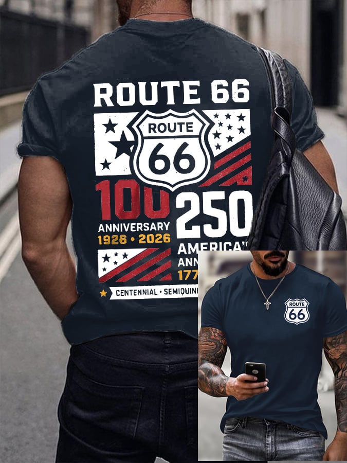 Men's America's 250th And Route 66's 100th Anniversary Print Round Neck T-shirt
