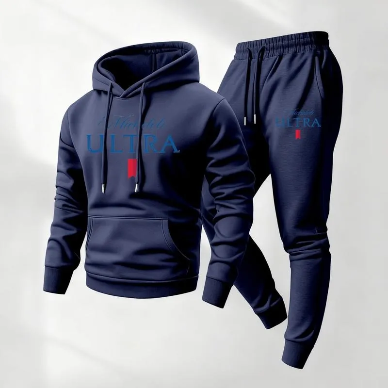 Men's vintage print hooded sweatshirt and drawstring sweatpants set, men's clothing