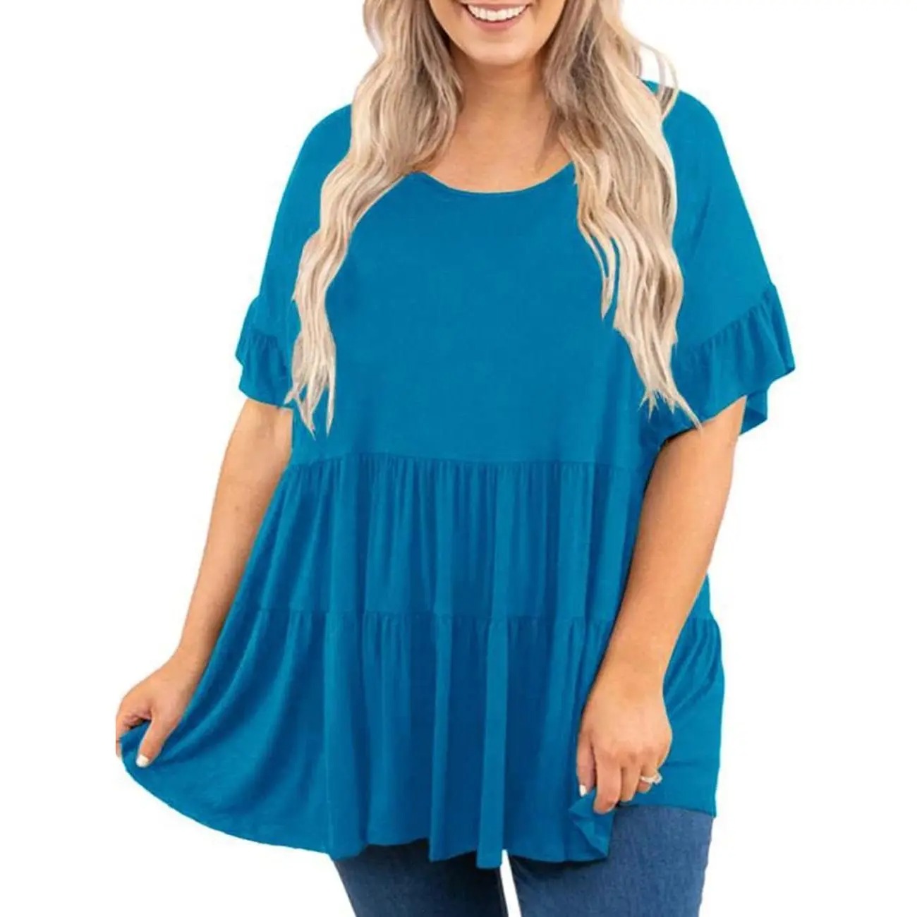 Women's Plus Size Ruffled Shirt Tops Summer Short Sleeve Loose Blouse Tunics