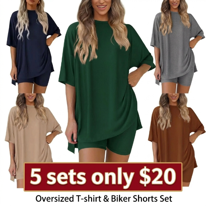 Crewneck Two-Piece Set For Women Summer Casual Oversized Split Hem Shirts & Side Pocket Biker Shorts