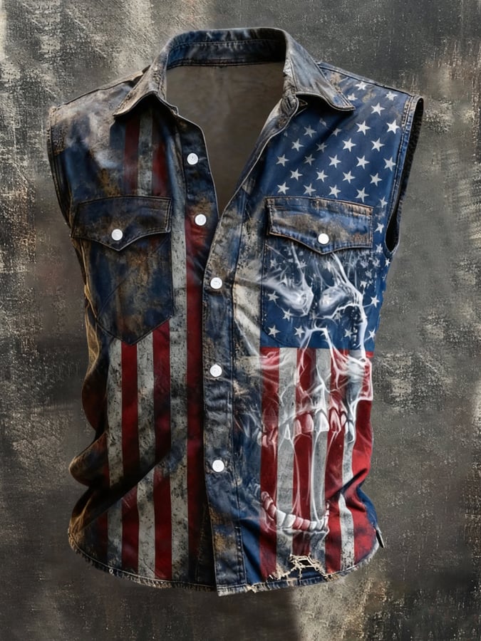 Men's Retro Patriotic Color-Block Printed Sleeveless Shirt