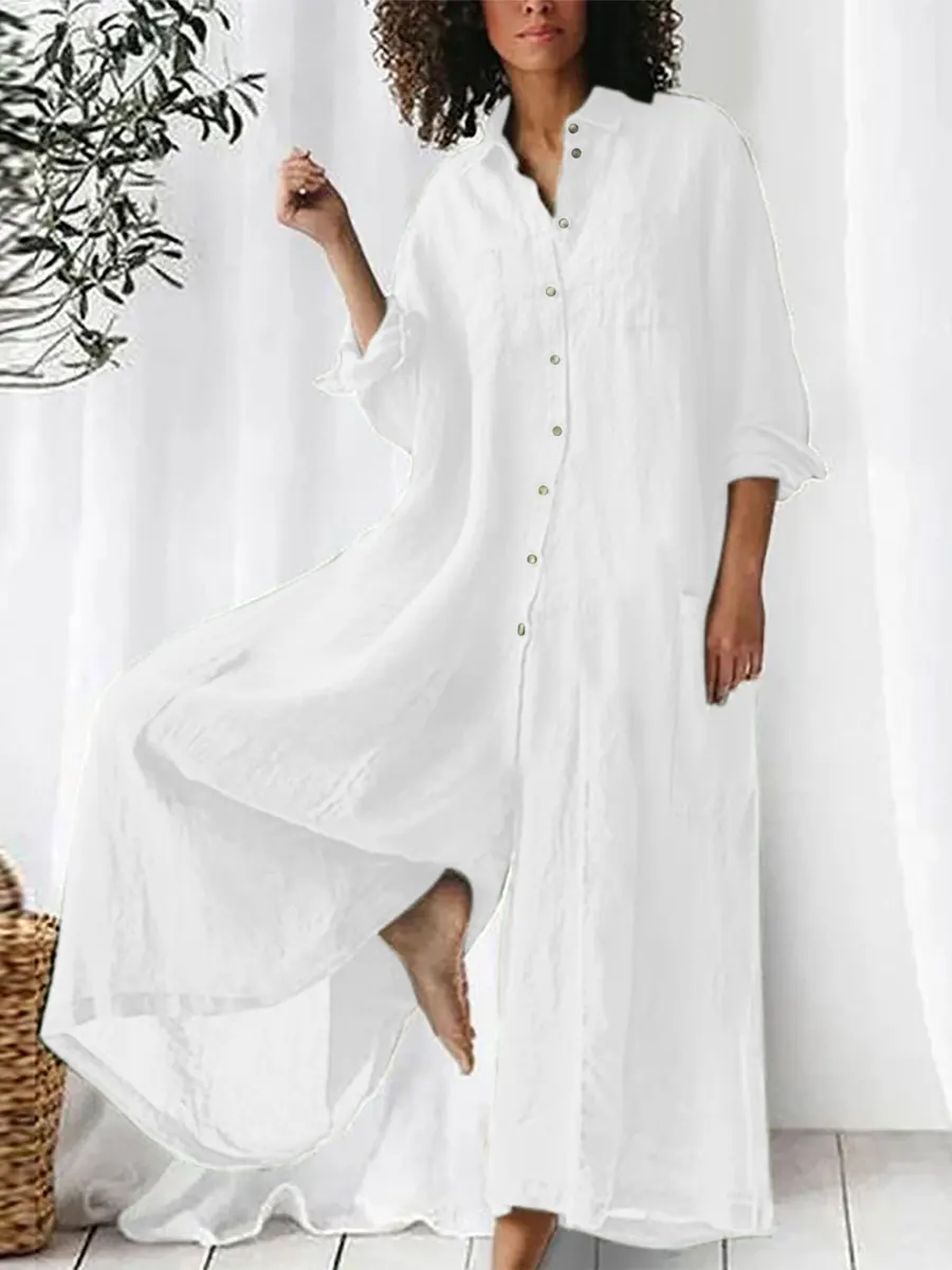 Women's Solid Color Art Casual Long Sleeve Cotton Linen Jumpsuit