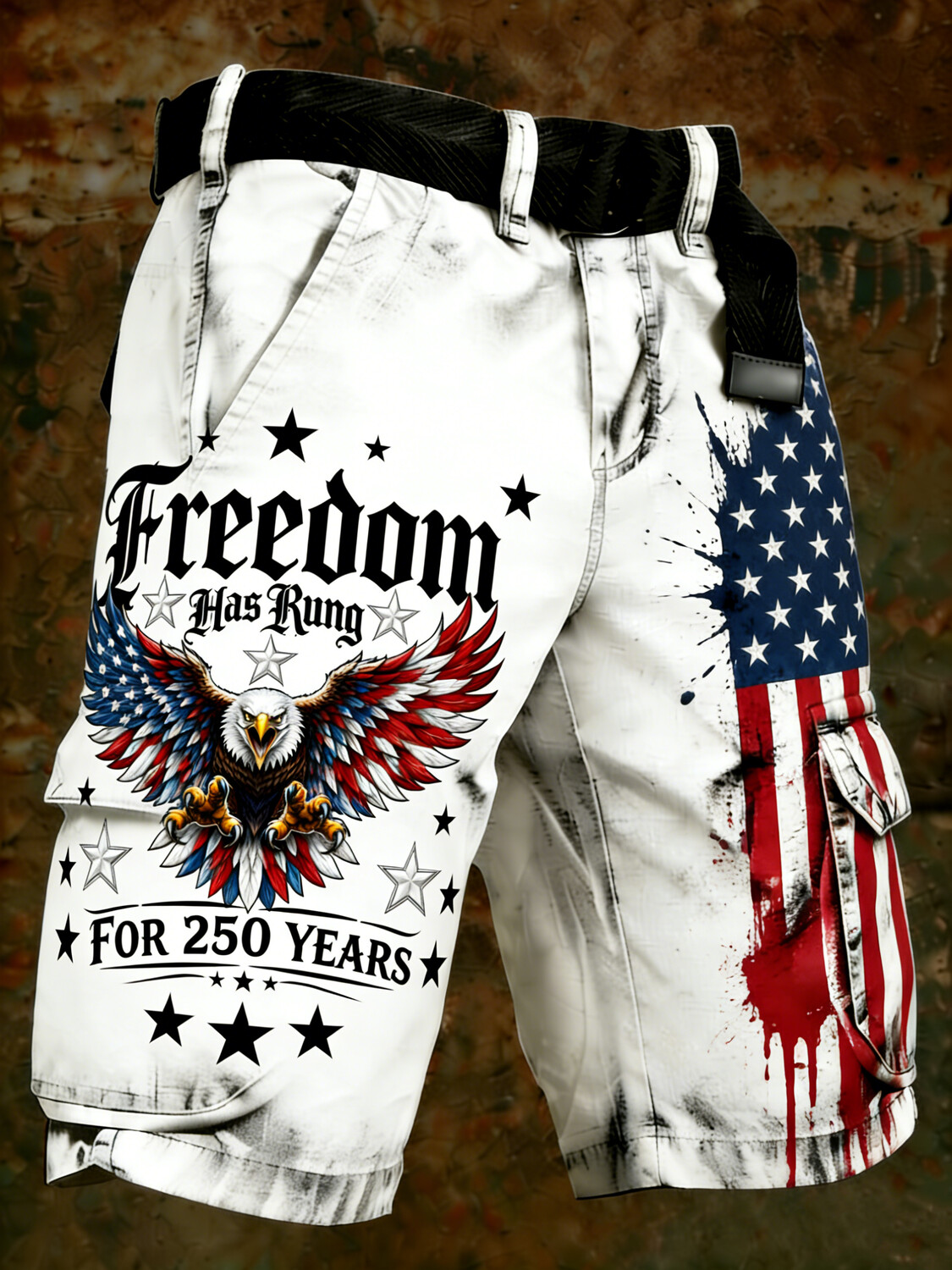 Men's Freedom Has Rung For 250 Years Distressed Flag Art Print Denim-Like Casual Shorts