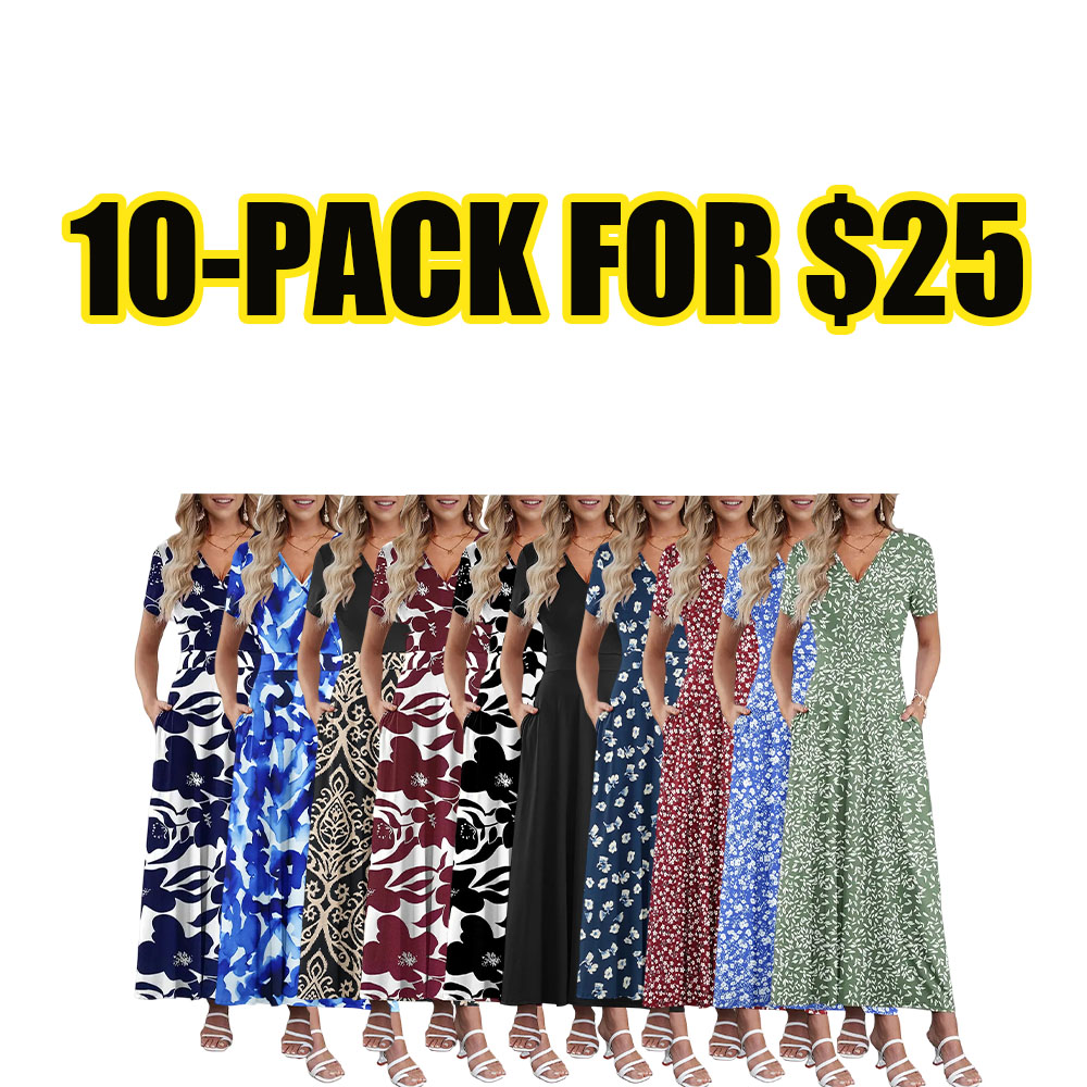 Women’s V-Neck Floral Maxi Dress – Ankle Length Flowy Beach Dress with Pockets