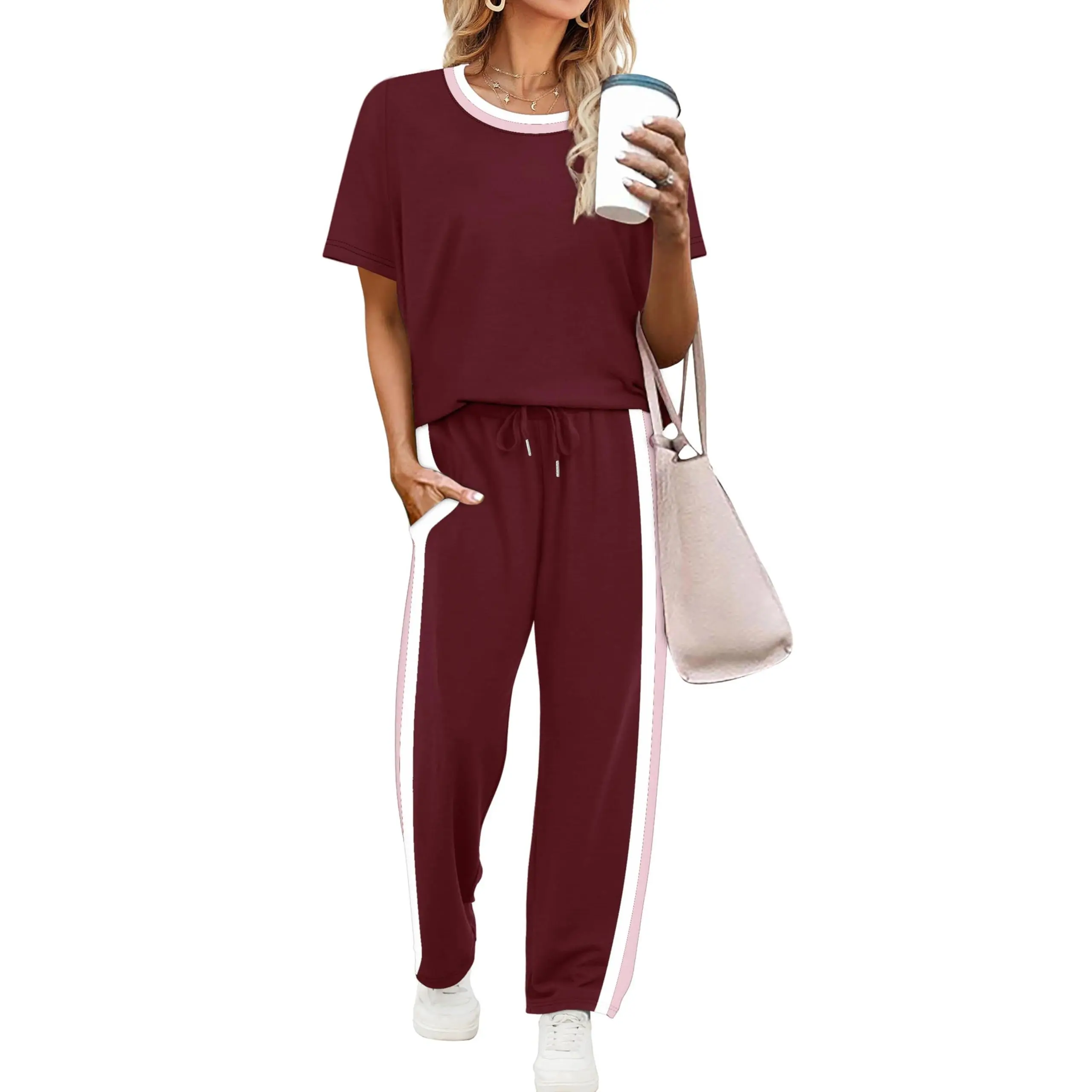 2 Piece Lounge Sets for Women Matching Set Summer Outfits Short Sleeve Tops Wide Leg Pants with Pockets