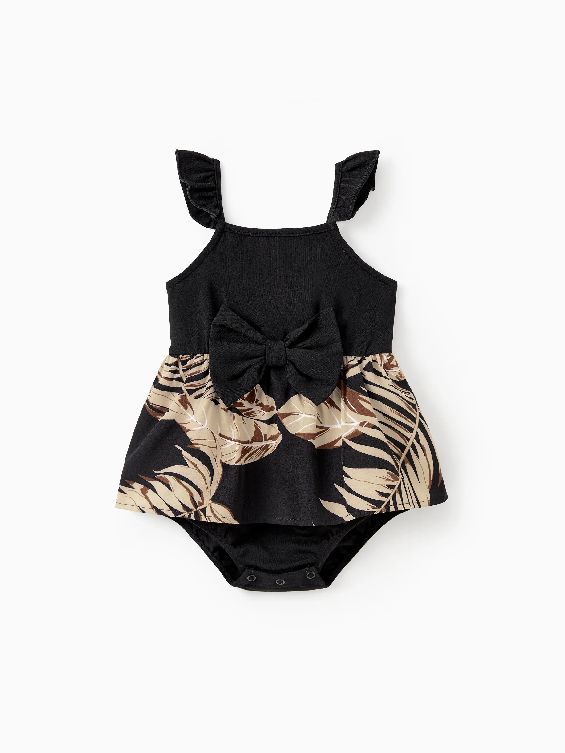 Mommy and Me Family Matching Floral Print Belted Cami Dresses And Solid Short Sleeve Tops Sets Black