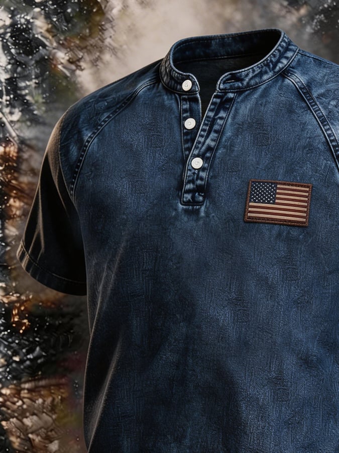 Men's Distressed Denim Henley Shirt, USA Flag Patch Patriotic Casual Top