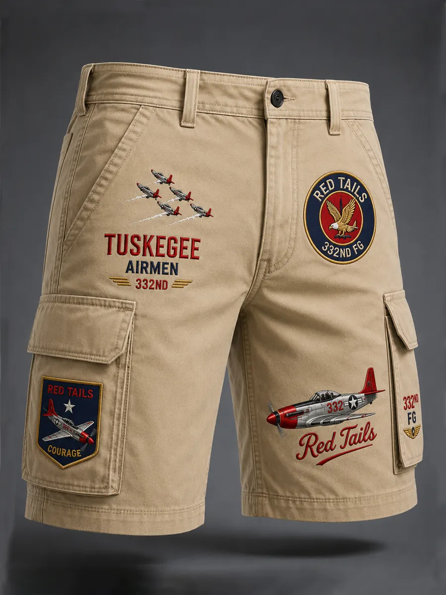 Retro Tuskegee Pilot Red Tail Graphic Print Casual Shorts