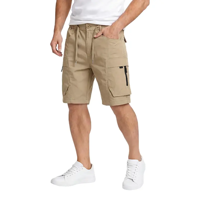 men’s casual cargo shorts with zippered pockets and a buttoned placket