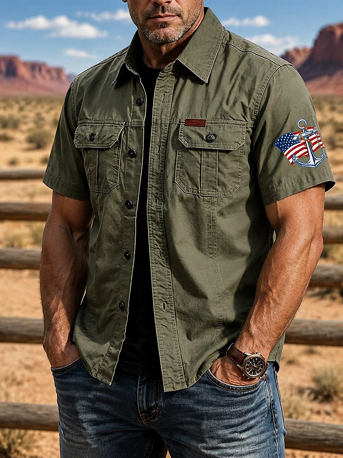 Men's American Flag Anchor Print Fixture Short Sleeve Shirt