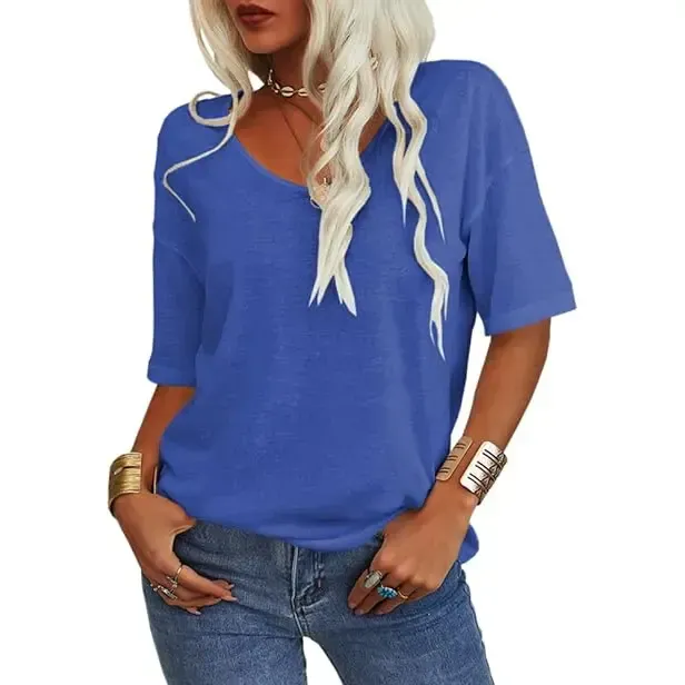 Women Soft V Neck Tshirt Half Sleeve Lightweight Solid Color Loose Fit Minimalist Top