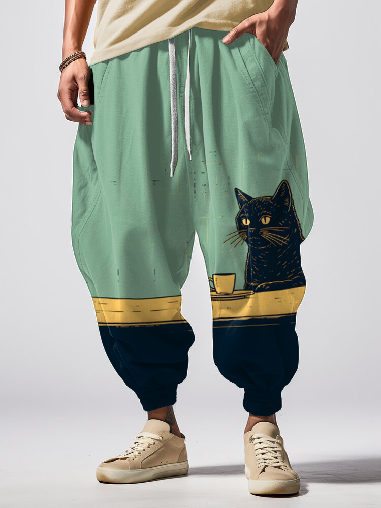 Men's Chilling Coffee Black Cat Print Loose Drawstring Waist Sweatpants