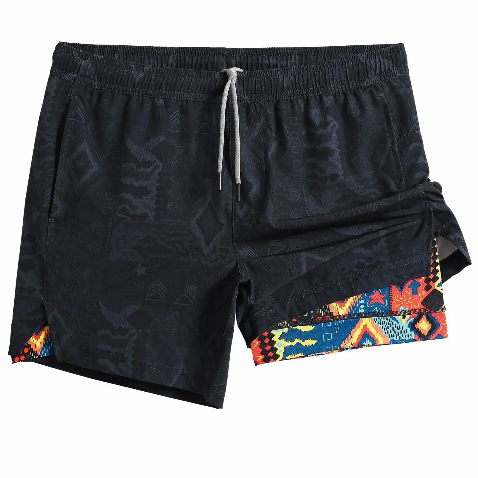 2 in 1 Stretch Short Lined Black Mayan Gym Shorts, Breathable Comfort Workout Athletic Training Shorts with Phone Pockets