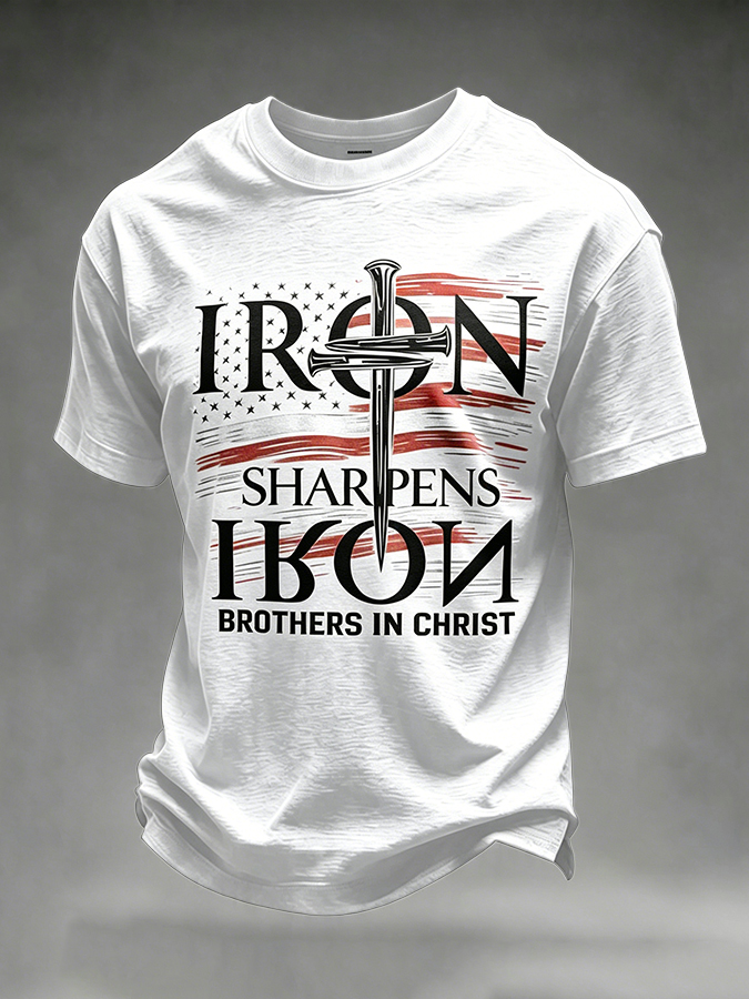Men's Iron Sharpens Iron Brothers In Christ USA Flag Christian T-Shirt