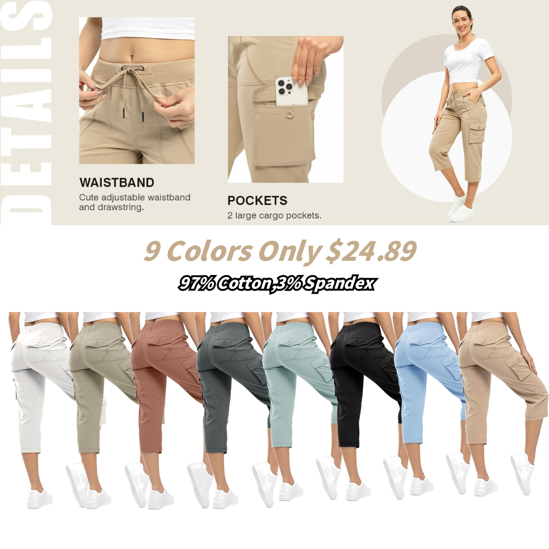 💕Mother's Day Sale💕Womens Cargo Capris Lightweight Hiking Pants 6 Pockets