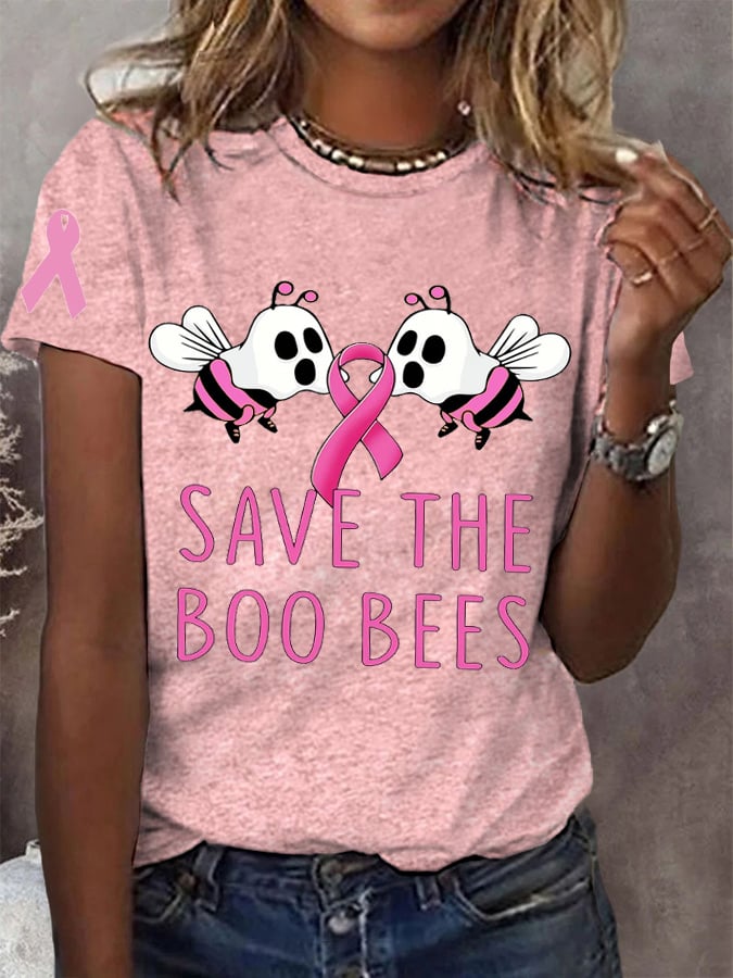 Women's Pink Halloween Ghost Save The Boo Bees Breast Cancer Awareness Warrior Tee