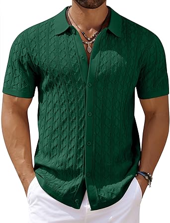 Mens Knit Button Down Shirt Short Sleeve Summer Casual Shirts Vintage Beach Vacation Shirts