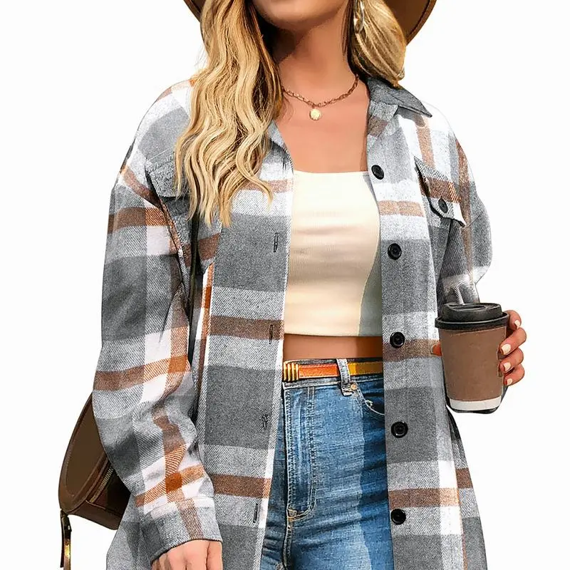 Womens Plus Size Shacket Jacket Flannel Plaid Long Sleeve