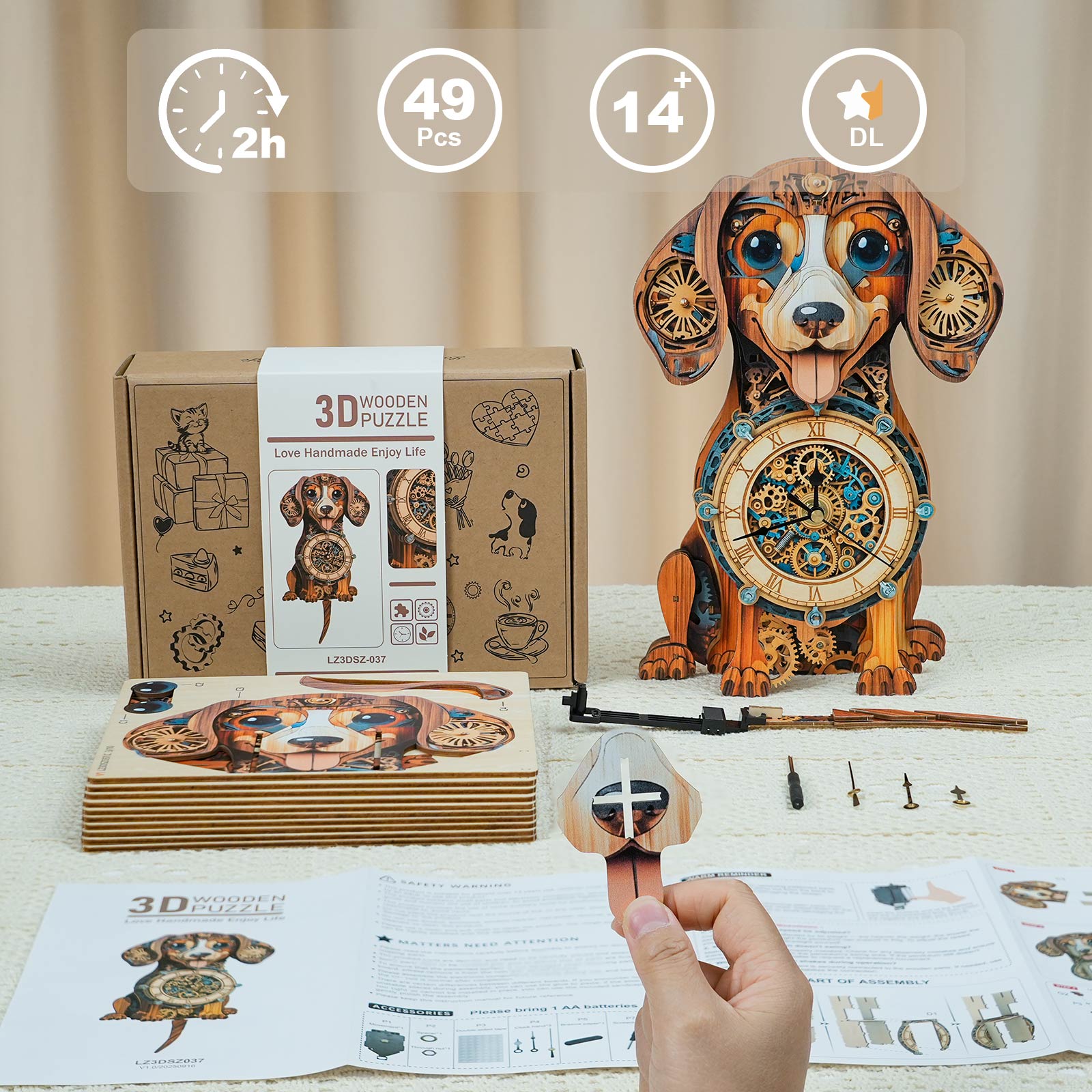 Dachshund DIY Wooden Clock, 3D Puzzle Craft Kit