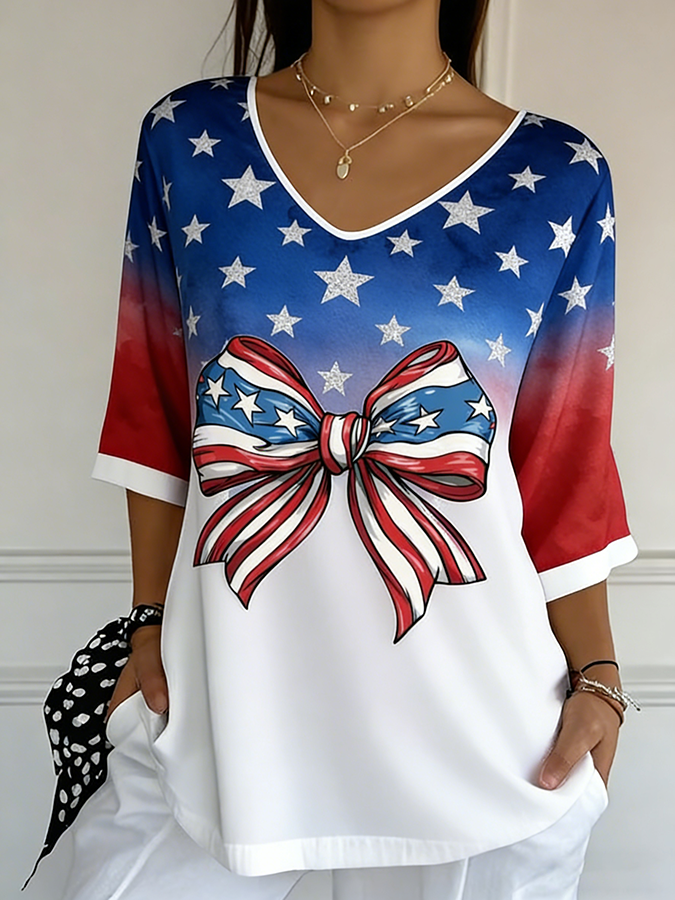 Ladies' Casual American Flag Print V-Neck Half Sleeved T-Shirt
