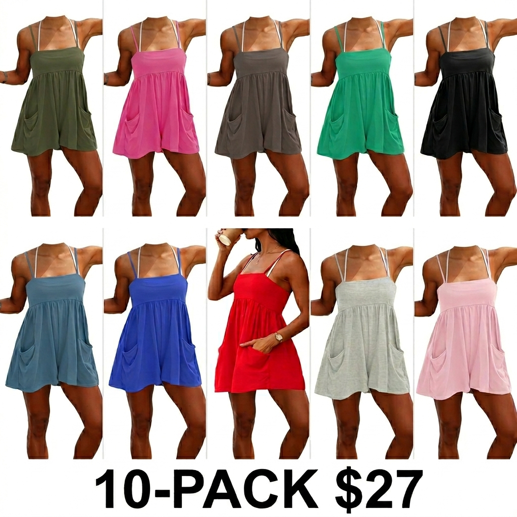 Women's Square Neck Backless Romper – Oversized Cotton Jumpsuit with Pockets & Adjustable Straps