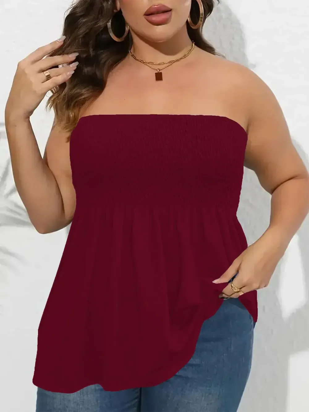 Plus Size Solid Ruffle Hem Shirred Tube Top, Boho Fashion Chic Style Tops, Lady Strapless Top