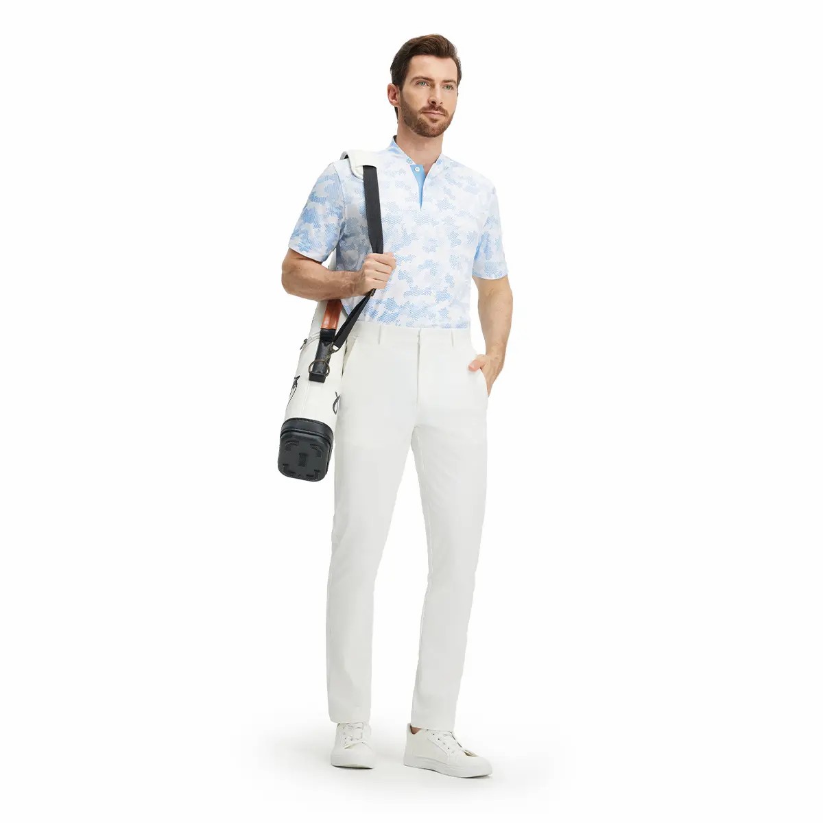 Men's Collarless Performance Golf Shirt – Dry Fit Stretch Henley with Printed Design