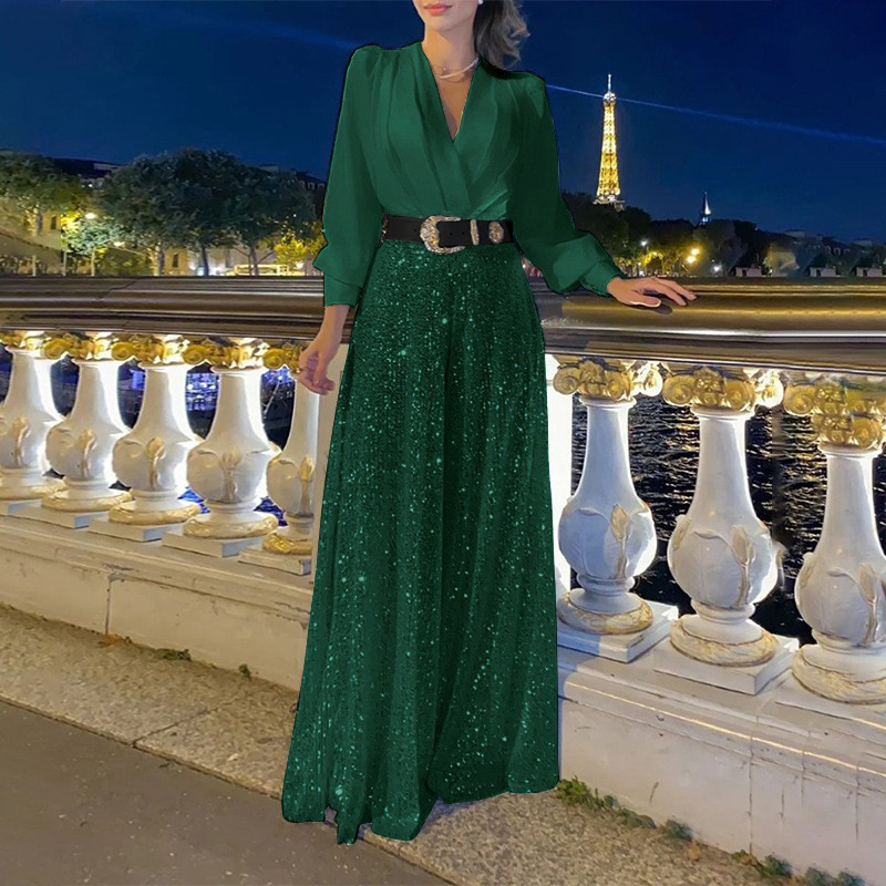 Stylish V-Neck Long Sleeve Shirt & Sequin Wide Leg Pants Set  Clearance Sale