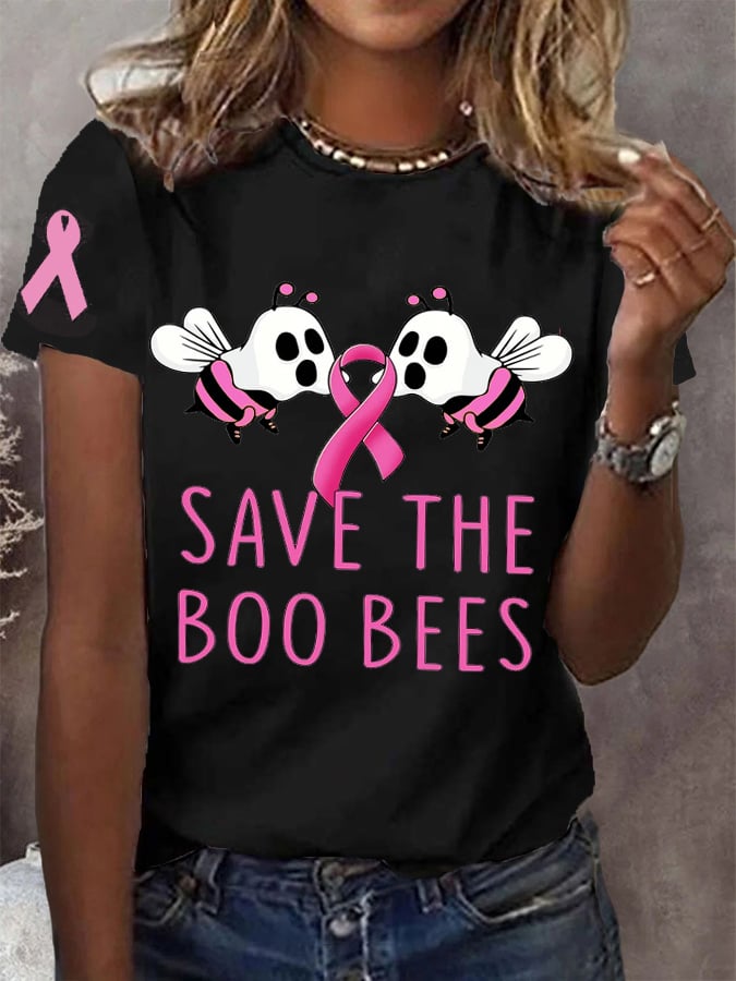 Women's Pink Halloween Ghost Save The Boo Bees Breast Cancer Awareness Warrior Tee