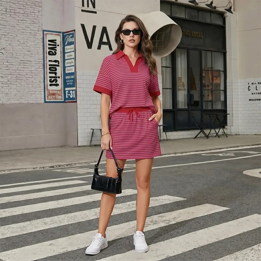 Women’s Striped Polo Skort 2-Piece Active Lounge Set
