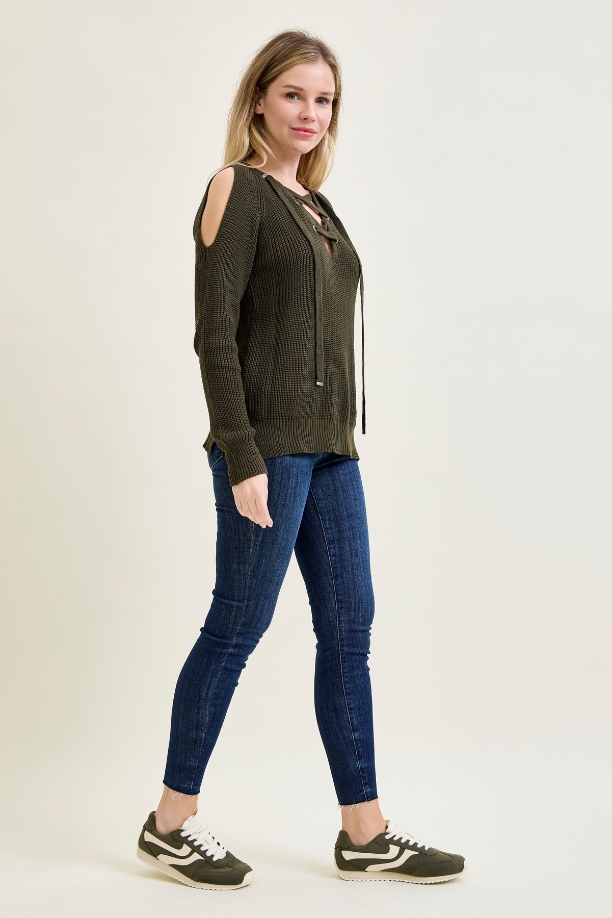 V-Neck Lace-Up Cold Shoulder Green Sweater