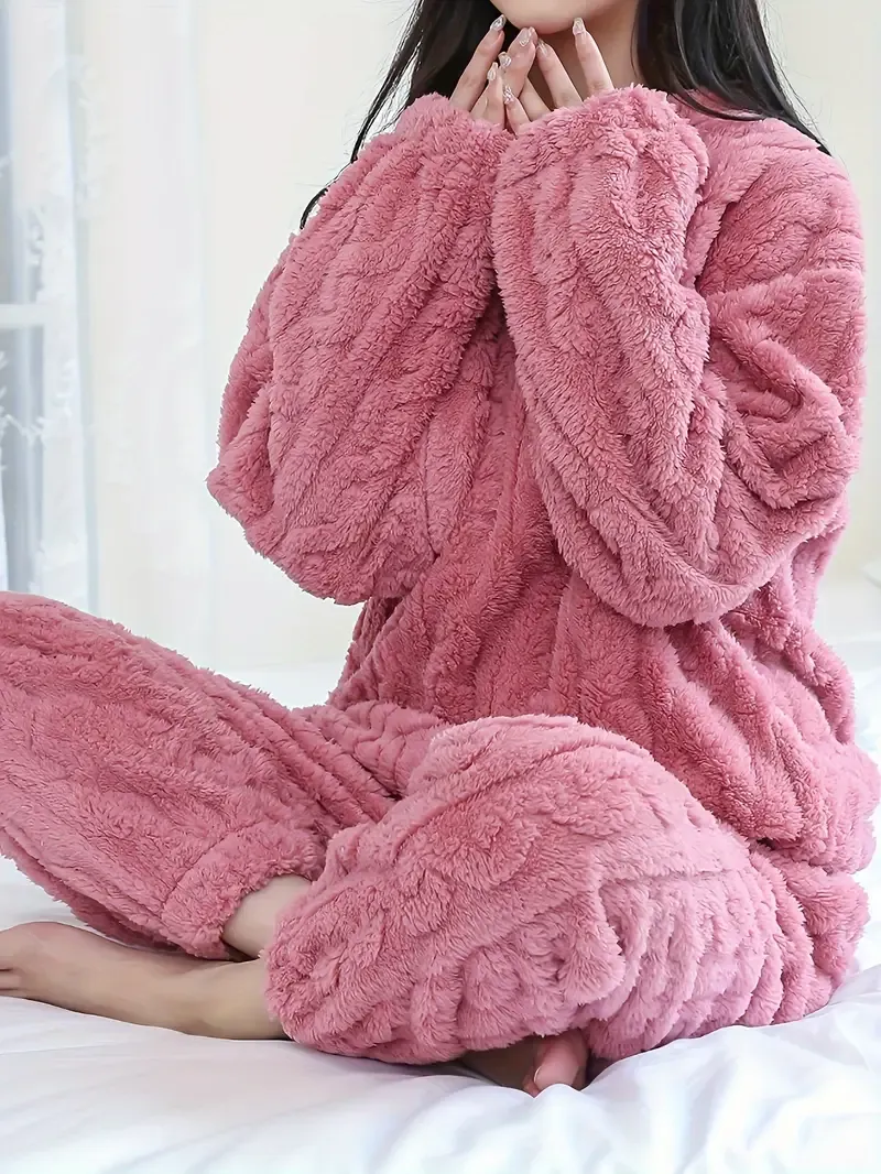 Women'S Cozy Plush Pajama Set - 100% Polyester Long Sleeve Crew Neck Loungewear with Solid Color Pullover Top and Long Pants for