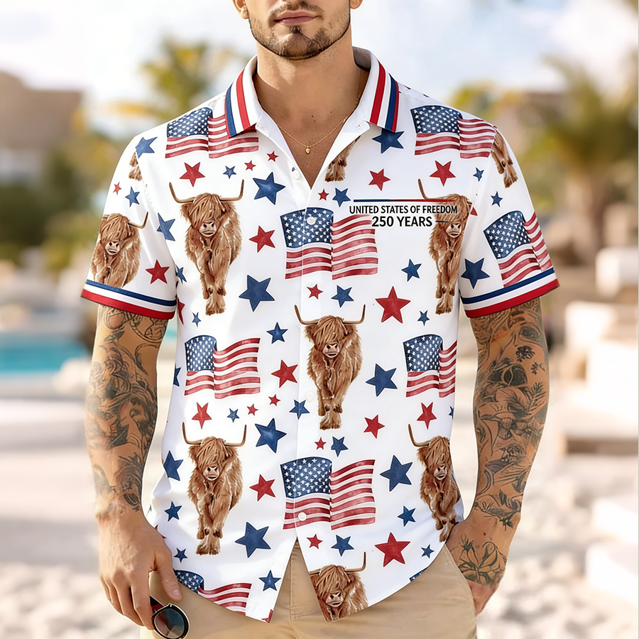 Men'S Casual American Flag Art Print Hawaiian Shirt