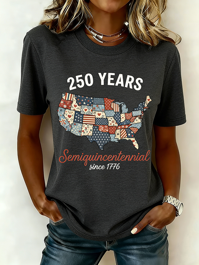 American Women'S Casual American Flag Printed Round Neck T-Shirt