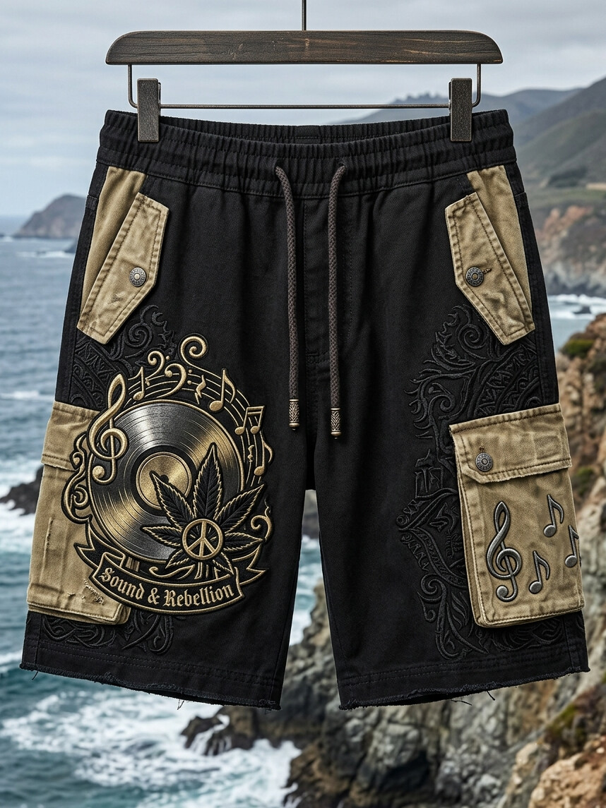 Men's Music and Rebellion Vinyl Record Print Drawstring Waist Shorts