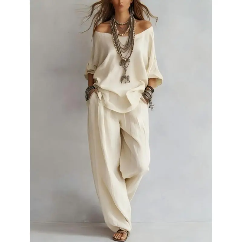 Women's 2-Piece Set, Summer New Casual Elegant Commuting Outfit with Loose 7-Quarter-Sleeved Top and Wide-Leg Pants