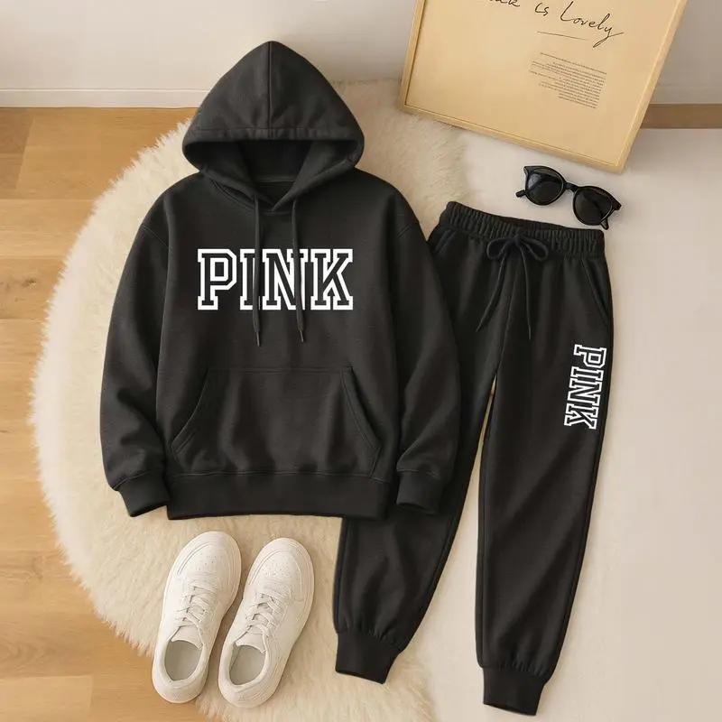 Women’s Pink Printed Hoodie & Drawstring Pants Casual Set