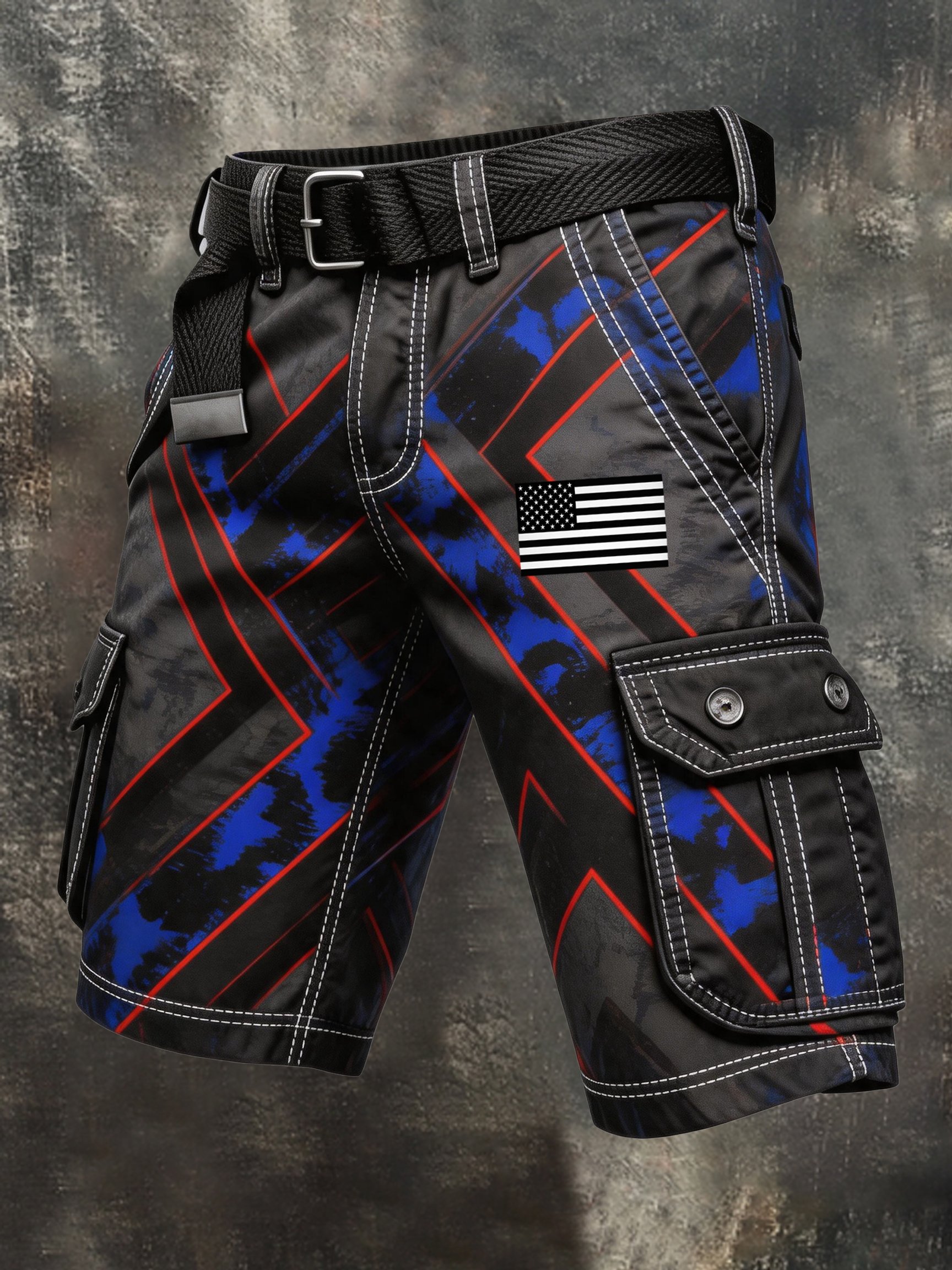 Men's Retro Color-Block Distressed Patriotic Cargo Shorts with Pockets (Belt Not Included)
