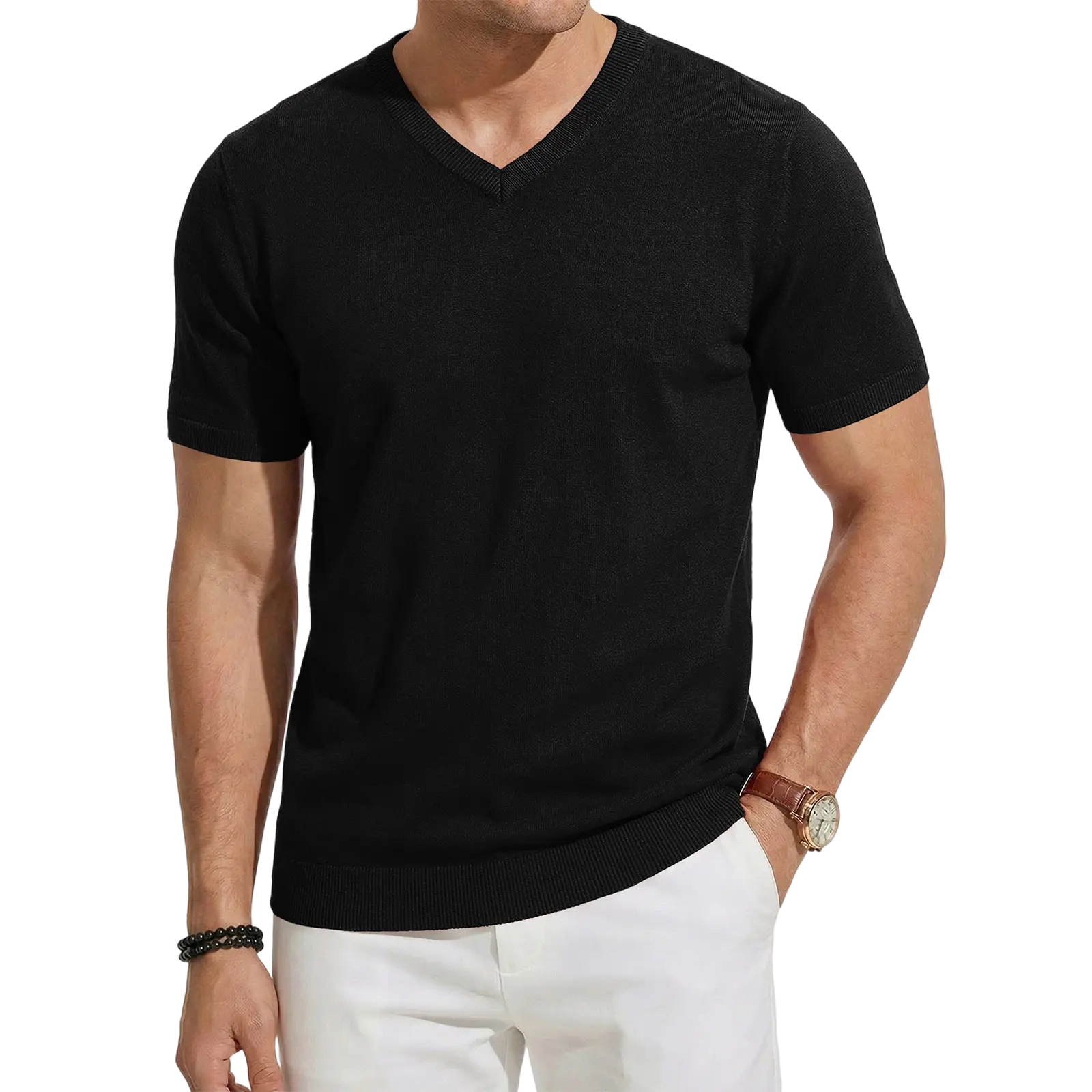 Men's Wool Blend Short Sleeve V-Neck Sweater Soft Textured Knit Pullover for Business Casual Wear