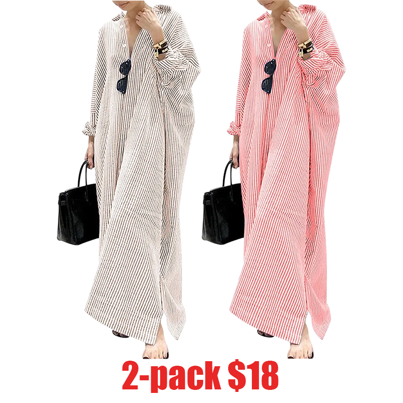 Women's Casual Long Sleeve Button Down Loose Striped Cotton Maxi Shirt Dress – Batwing Sleeves Breathable Lightweight Beach Caftan