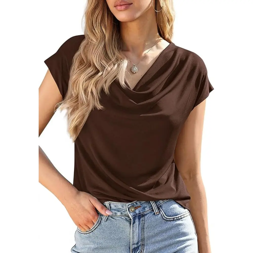 Women's Cowl-Neck Short-Sleeve Top — Elegant Casual Wear, Summer Shirt