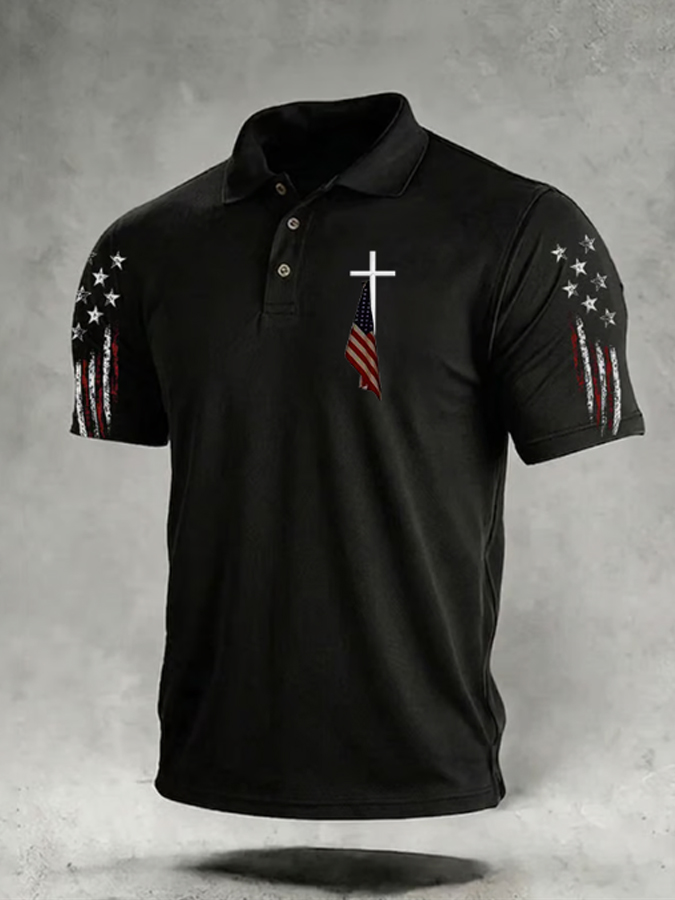 Men'S Flag Cross Printed Polo Shirt