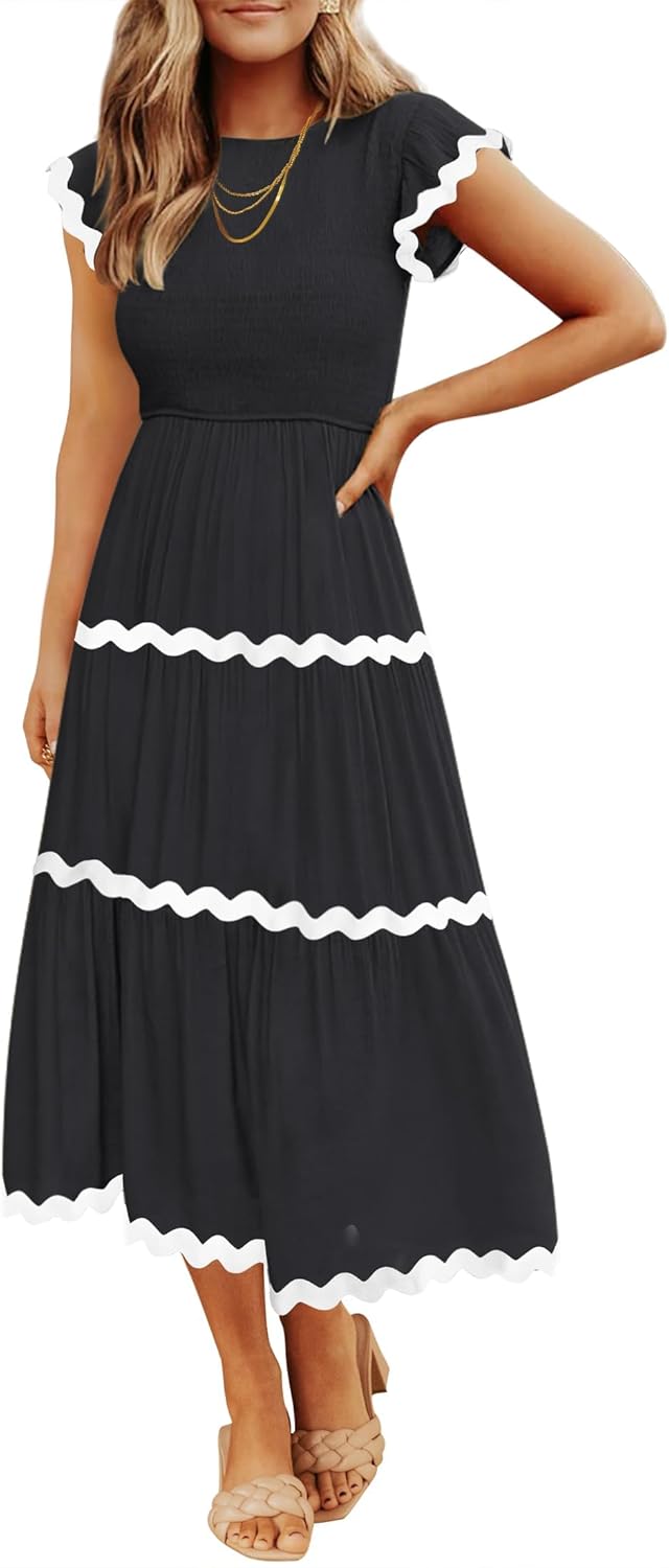 Womens Summer Casual Smocked Midi Dress 2026 Flutter Short Sleeve High Waist Tiered Flowy Boho Vacation Dresses