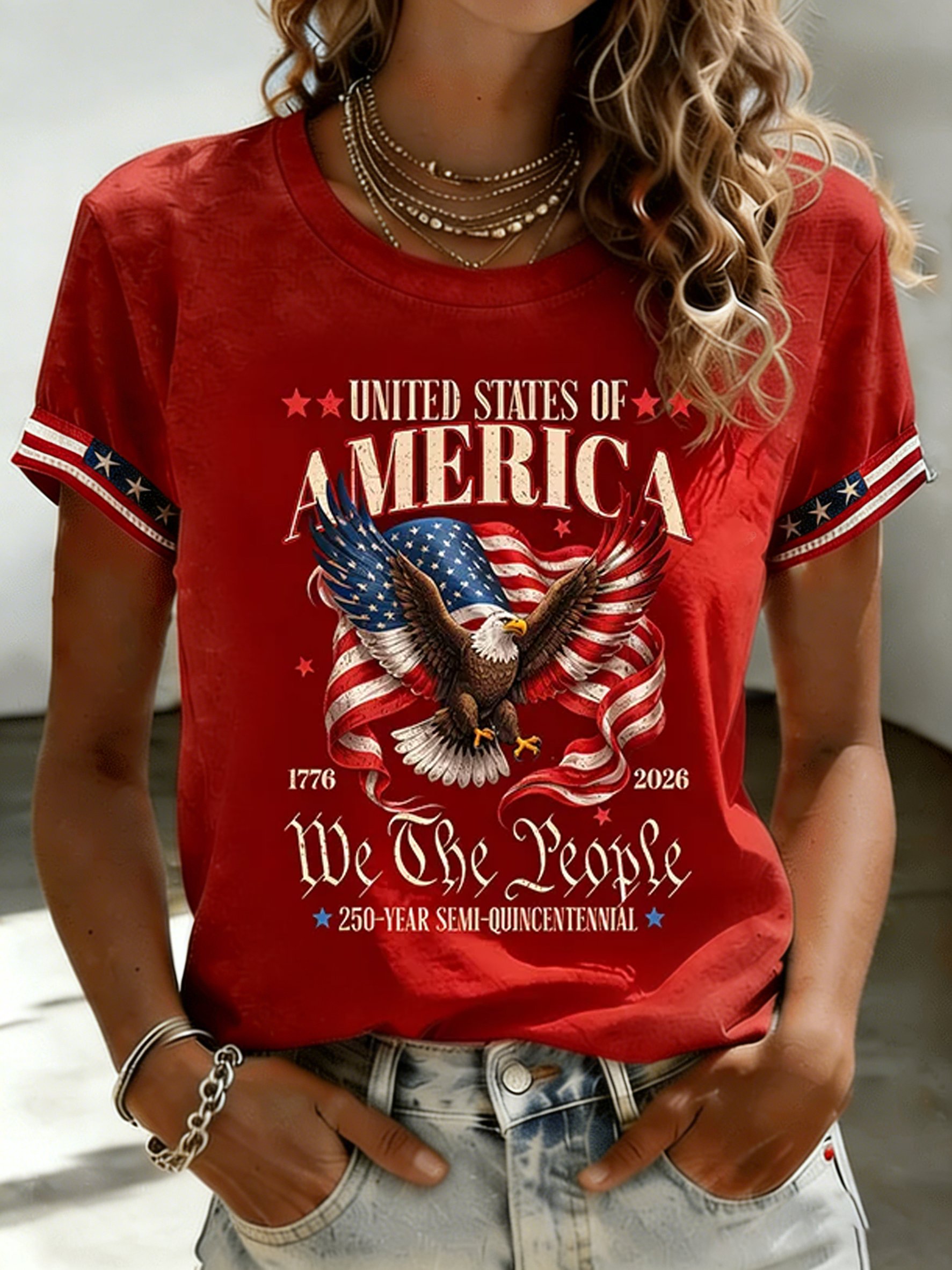 Women's Casual American 250th Anniversary Printed Short-Sleeve T-Shirt