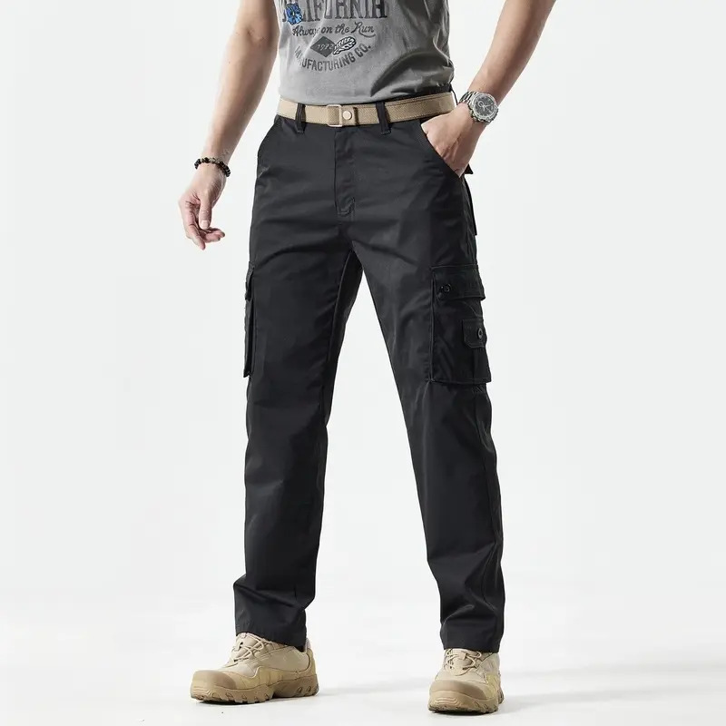 Men's Slim-Fit Solid-Color Straight-Leg Cargo Khakis—Multi-Pocket Trousers for Casual Daily Wear